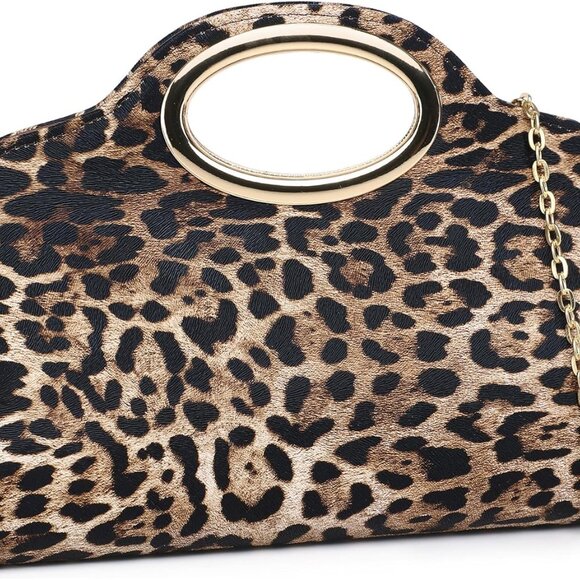 Chic Satin Evening Handbag with Metal Handle - Fashionable Leopard Print Design - Picture 1 of 7